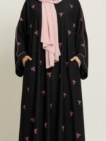 Black abaya with pink bow embroidery in crepe fabric by Nimah Wear