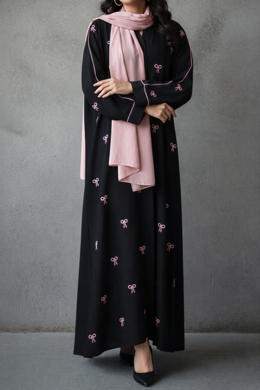 Black abaya with pink bow embroidery in crepe fabric by Nimah Wear