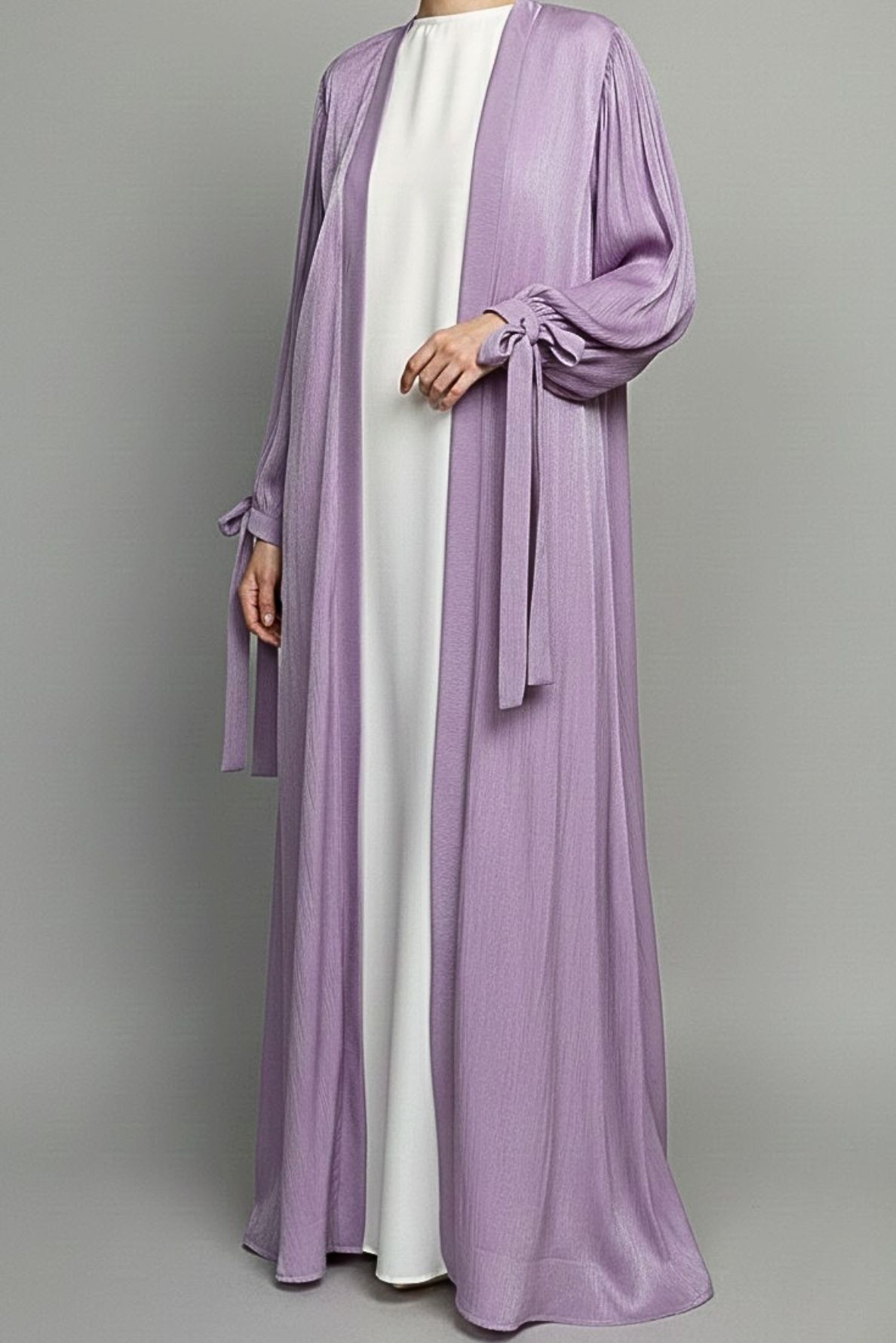 Lavender foil crinkle kimono abaya by Nimah Wear Pakistan