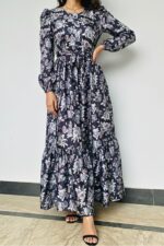 charcoal floral imported silk dress for women