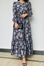 charcoal floral imported silk dress for women