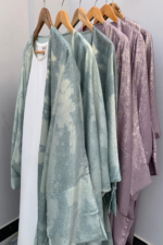 Sage green printed open abaya in foil silk by Nimah Wear available in Pakistan