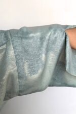 Sage green printed open abaya in foil silk by Nimah Wear available in Pakistan