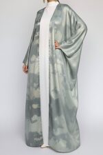 Sage green printed open abaya in foil silk by Nimah Wear available in Pakistan