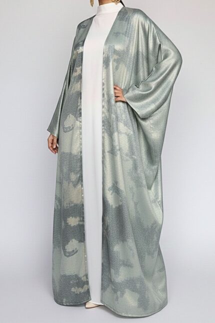 Sage green printed open abaya in foil silk by Nimah Wear available in Pakistan