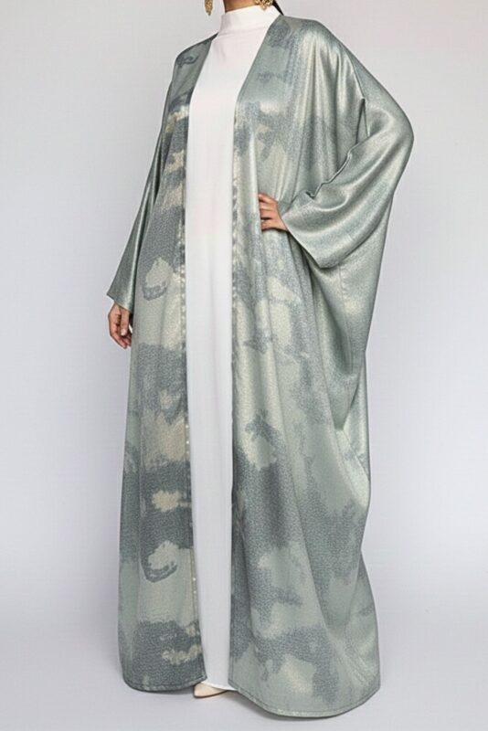 Sage green printed open abaya in foil silk by Nimah Wear available in Pakistan