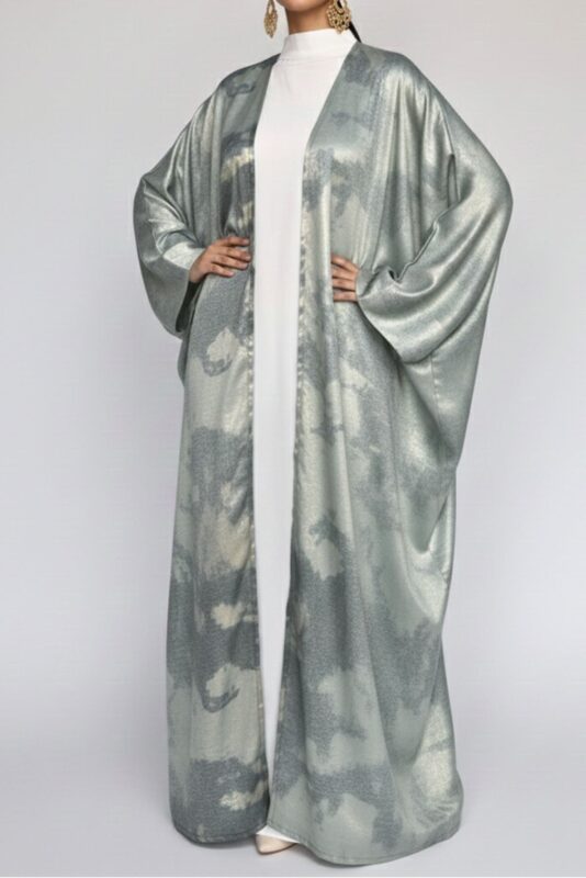 Sage green printed open abaya in foil silk by Nimah Wear available in Pakistan